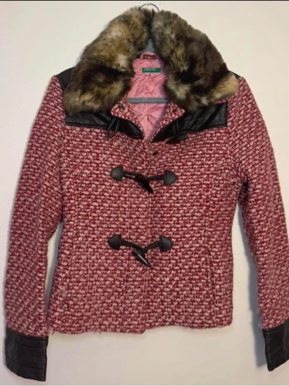Vintage United Colors of Benetton Pink & Red Tweed Toggle Jacket with Faux Fur C